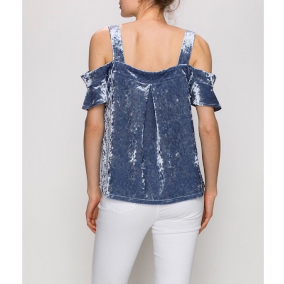 Crushed Velvet cold shoulder top soft denim - Picture 3 of 4